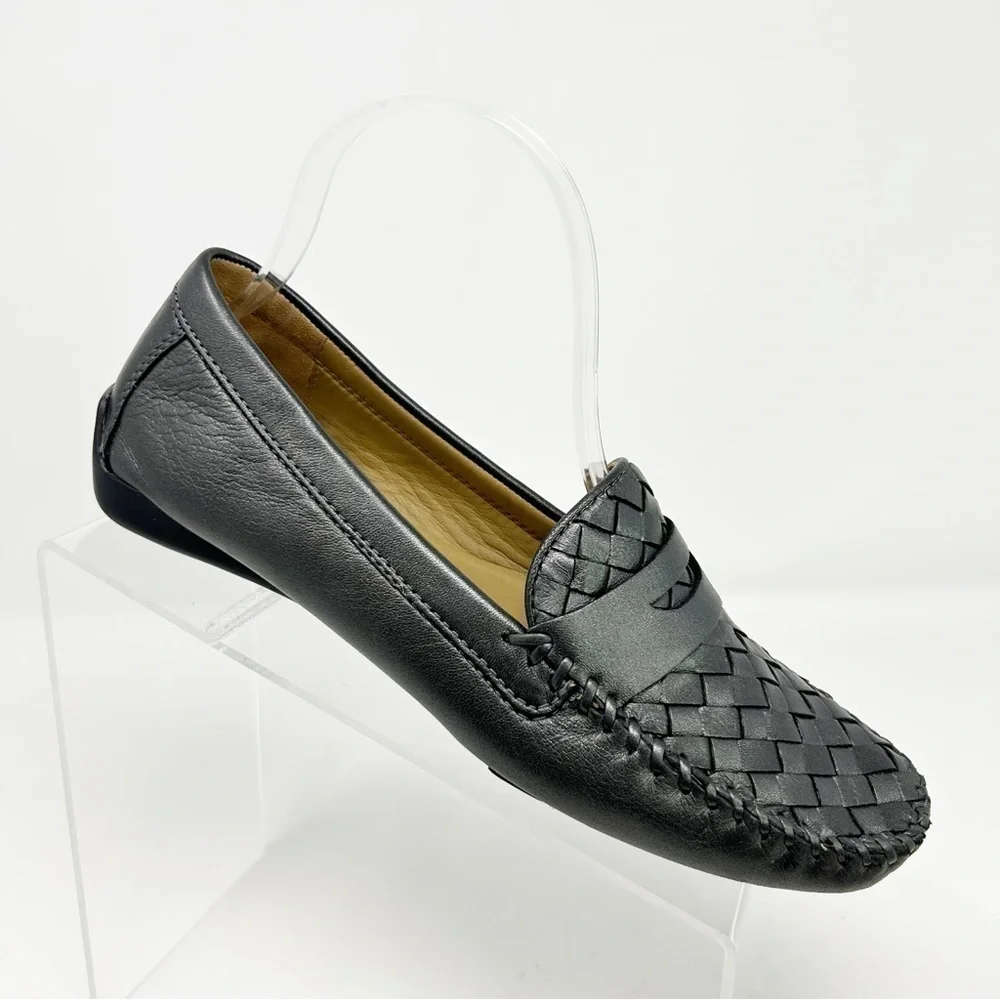 Robert Zur Dark Gray Silver Leather Quality Woven Driving Loafers Size 8.5